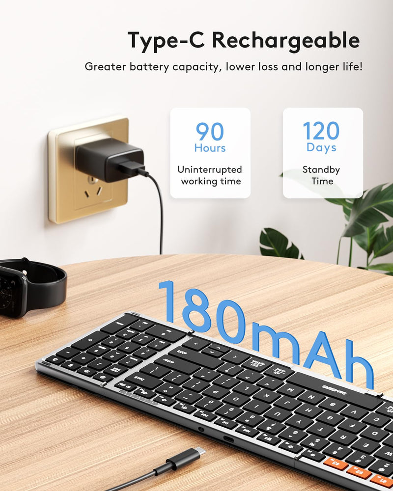 Samsers Foldable Bluetooth Keyboard with Numeric Keypad, Full-Size Wireless Folding Keyboard with PU Leather, Portable Travel Keyboard for iOS Android Windows Mac OS, Support 3 Device(BT5.1 x 3) Space Gray