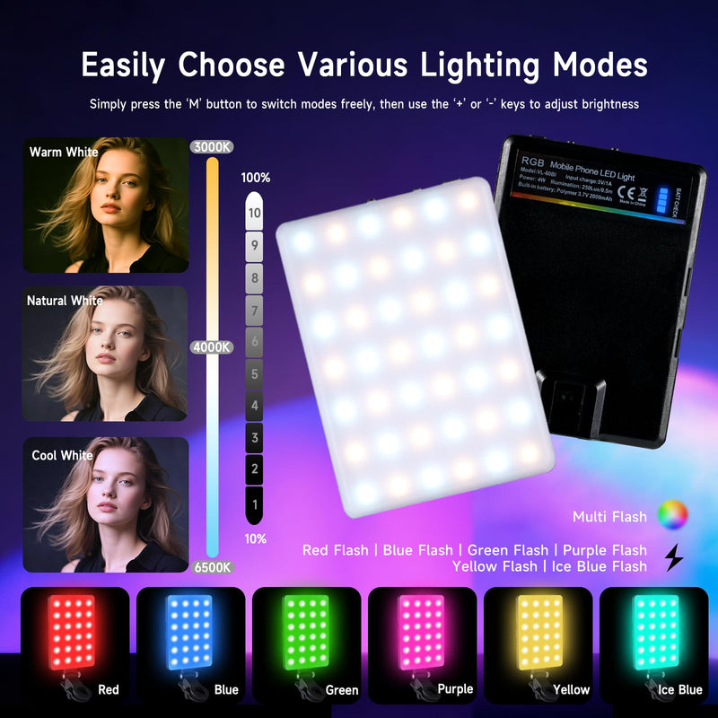 66 LED RGB Selfie Light, Dual Clip Phone Light LED Video Light Compatible with Phone, iPhone, iPad, Laptop for Zoom/TikTok/YouTube Videos 4.1x3.0 in