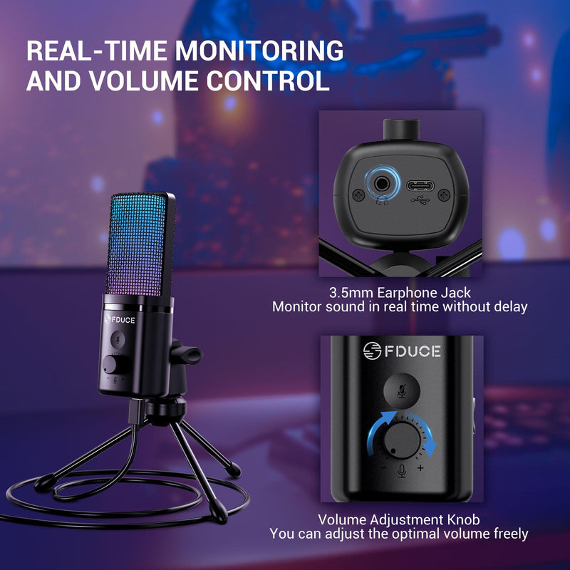 FDUCE M160 Gaming USB Microphone,RGB Condenser Microphone with Tripod,Volume Adjustment and Mute Button Function,Compatible with PC,Laptop,for Gaming,Podcasting,Streaming,YouTube RGB