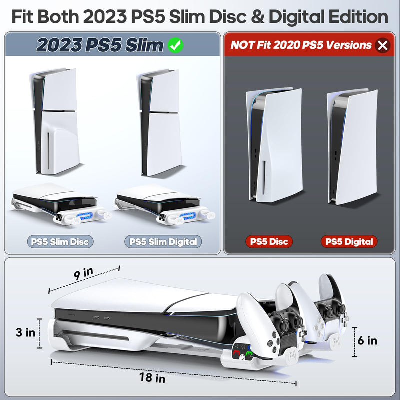 Horizontal Cooling Stand Replacement for PS5 Slim Disc & Digital Only, Dual PS5 Controller Charger with 3-Level RGB Cooling Fan, for 2023 PS5 Slim Console PlayStation 3 Games (NOT Fit 2020 PS5)