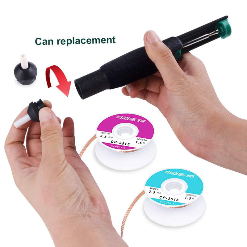 Snowtain desoldering pump set, 1 desoldering pump 2 desoldering wire, desoldering pump and solder wick kit, solder suction vacuum pump solder removal tool for removing solder desoldering suction pump high absorbency