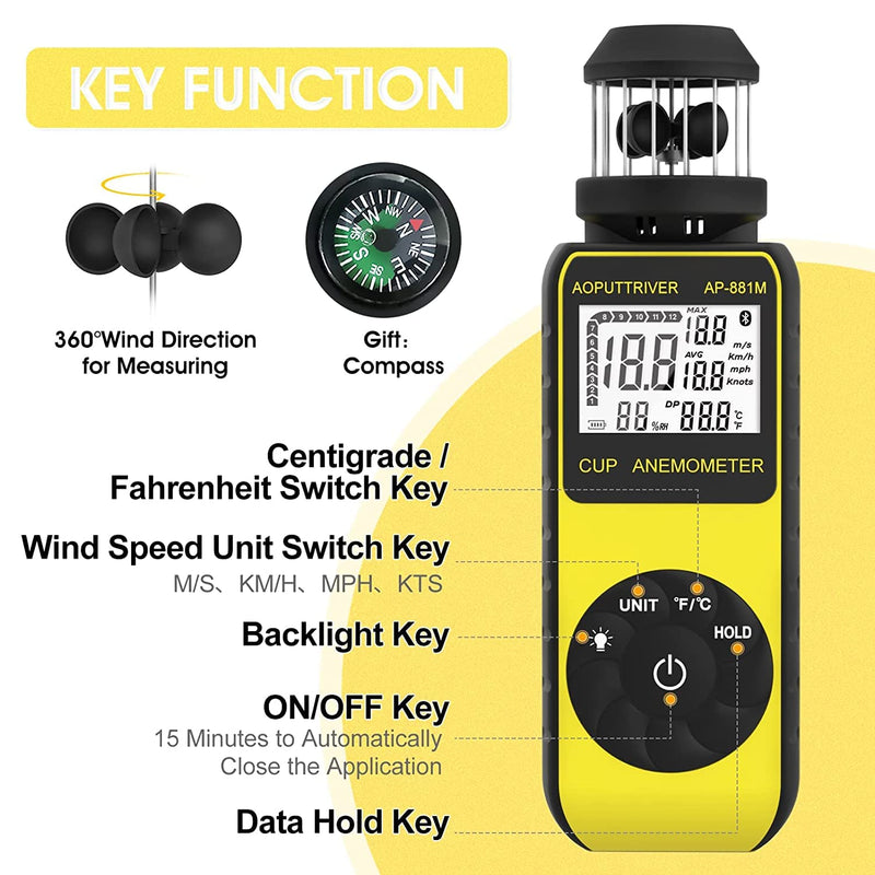 Digital Anemometer Handheld AP-881M Wind Gauge Anemometer with 360° Wind Direction Wind Cup Anemometer with Temp(℃/℉) Air Velocity Measurement Air Volume for HVAC Vents, Boat Sailing