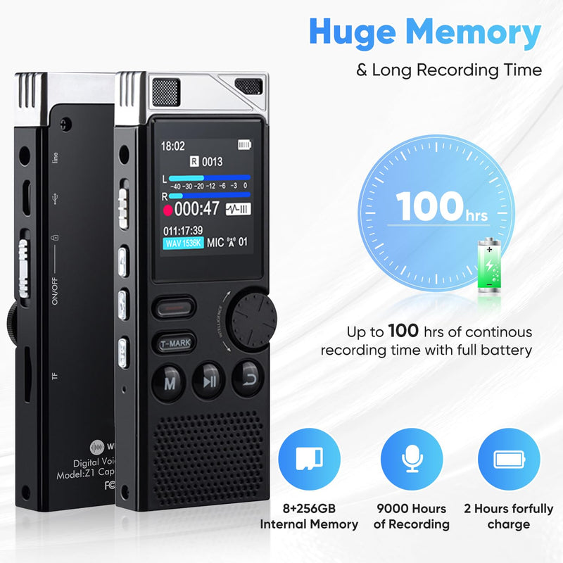 264GB High Capacity Digital Voice Recorder, Voice Activated Recorder for Lectures Meetings, Up to18000 Hours, MP3 Player, Voice Recorder with Playback