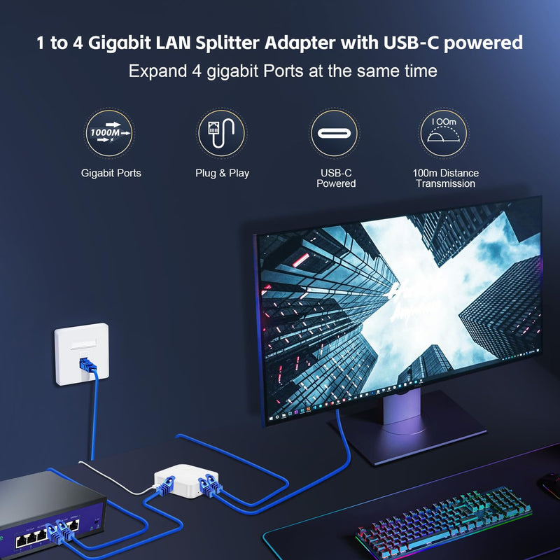 1 to 4 Gigabit Ethernet Splitter, 100/1000Mbps, Network Hub RJ45 Internet LAN Splitter with USB Cable, for Cat5/5e/6/7/8 Cables