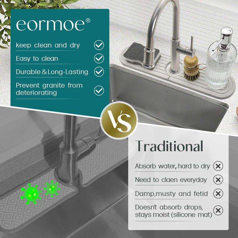 eormoe Diatomite Sink Splash Guard - DryingNeat Kitchen Faucet Mat, Instant Dry Water Absorbing Stone Tray for Sink, Durable Protector for Kitchen Bathroom Counter [Light Grey, 17.7" x 3.9"] Light Grey 17.7" x 3.9"