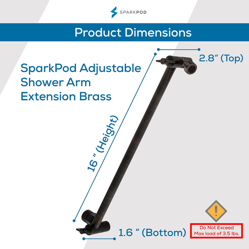 SparkPod 16" Solid Brass Shower Head Extension Arm - Flexible Height & Angle Adjustable Shower Arm Extension for Rain Showerheads with Sturdy Lock - Universal Pipe Connection (Oil-Rubbed Bronze) 16 Inch Adjustable 4 - Vintage Oil-Rubbed Bronze