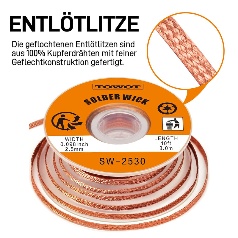TOWOT 10ft Desoldering Braid & No-Clean Soldering Aid (10cc) - Desoldering Kit for Electronics Repair and PCB Rework Desoldering braid & soldering aid