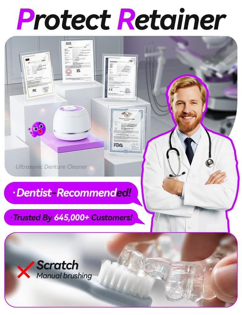 Beser Ultrasonic Retainer Cleaner, 2X Clean, Dental Retainer Machine Pod for Aligner, Nightguard, Mouth Guard, Denture, Oral Dental Care, IPX6, 200ML (White)