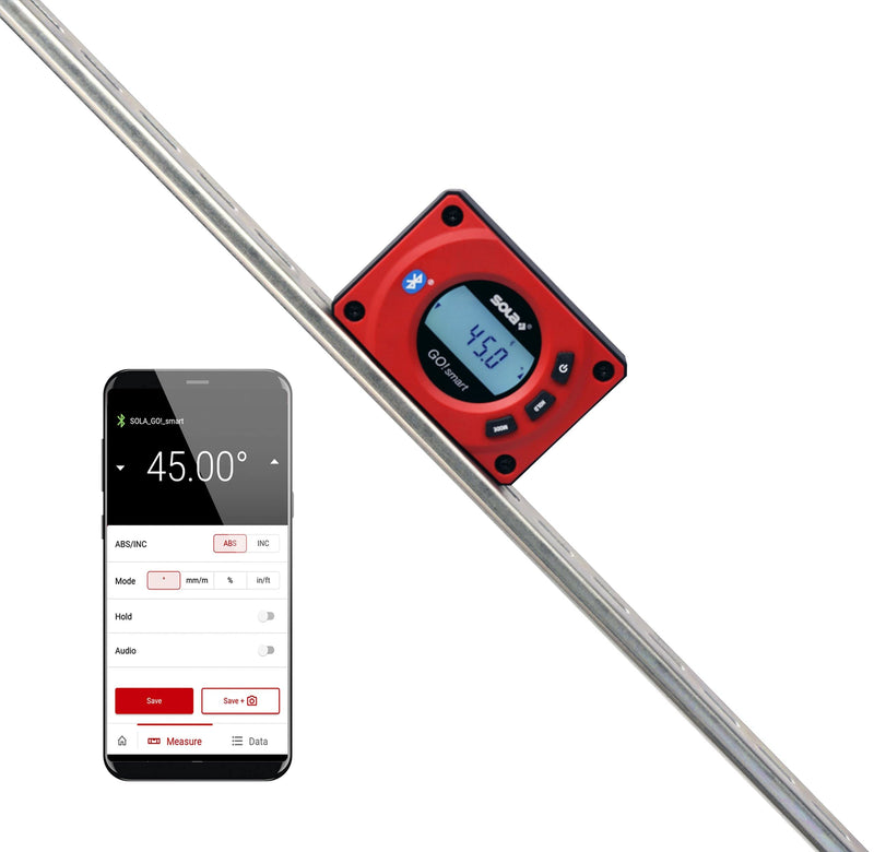 SOLA GO! smart Digital Protractor with Bluetooth, Digital Spirit Level with LCD, Remote Control via Smartphone and App, Magnetic Inclinometer with V-Nut, Magnetic Bevel Box, IP54 Single