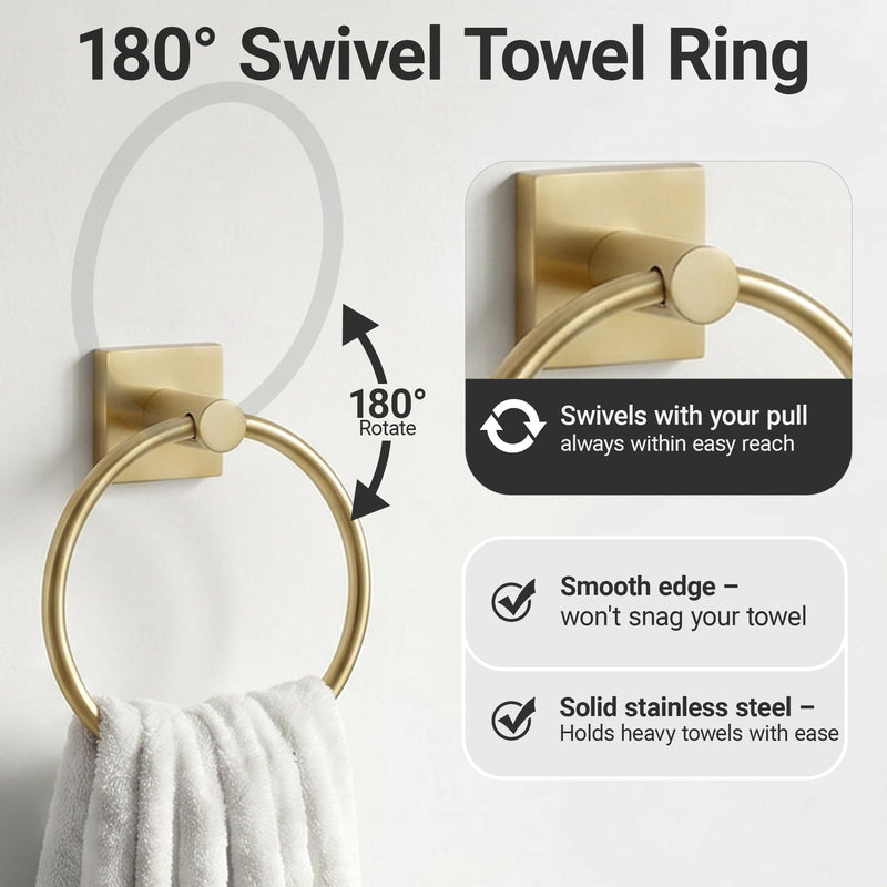 24-Inch Wall Mounted Towel Racks for Bathroom – Space Saver 4-Piece Durable Stainless Steel Bathroom Hardware Set with Towel Bar, Towel Ring, Toilet Paper Holder & Hook, Gold Golden Square