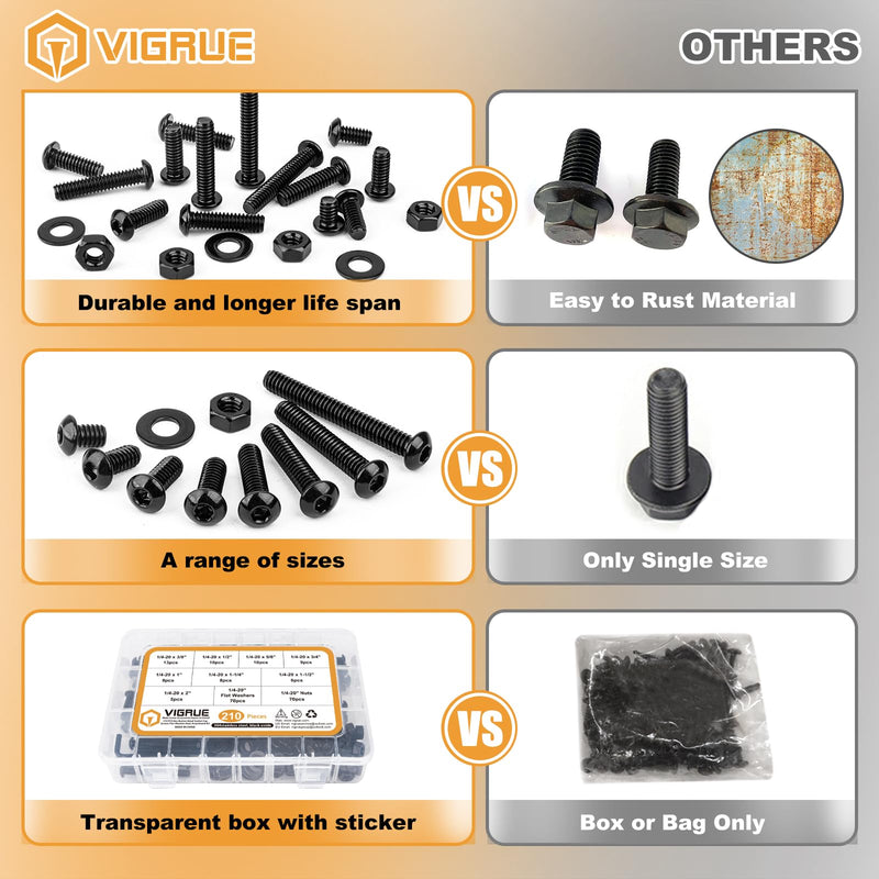 VIGRUE 210PCS 1/4-20 x 3/8" to 2" Button Head Socket Cap Bolts Screws Nuts Washers Assortment Kit, Black Oxide 304 Stainless Steel 18-8, Allen Hex Drive