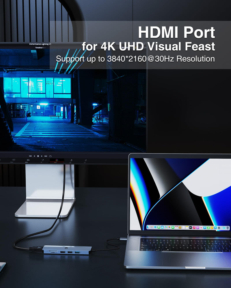 Tymyp 6 in 1 USB C Adapter USB C HUB, Featuring USB 3.0, 4K HDMI, 2 x USB 2.0, SD/TF Card Reader, Docking Station for Laptop Pro/Air Laptops and More
