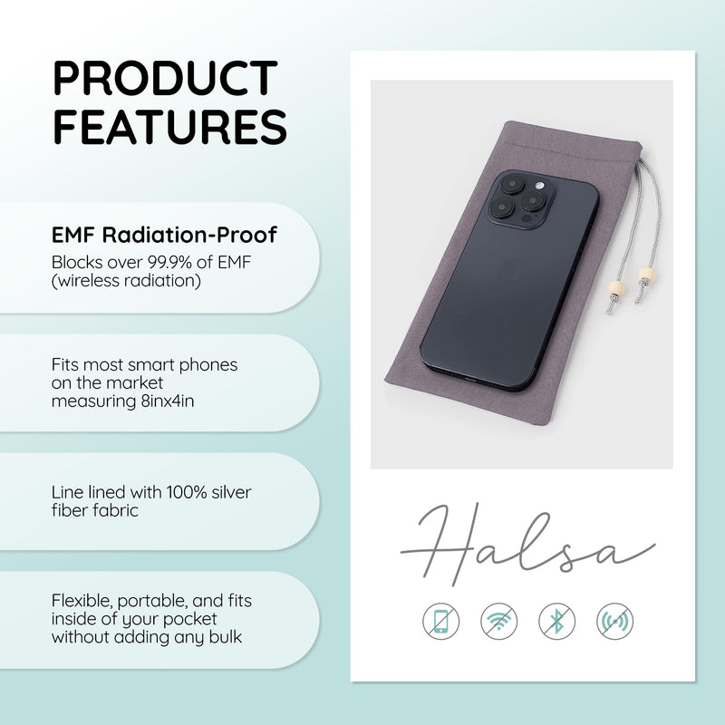 Halsa EMF Shield Sleeve for Cell Phone - Signal Blocking Anti-EMP Pouch - Smartphone Protection Case Against Radiation, EMF, 5G, RFID - Grey - 4x8 Inch Fits Most Phones Gray