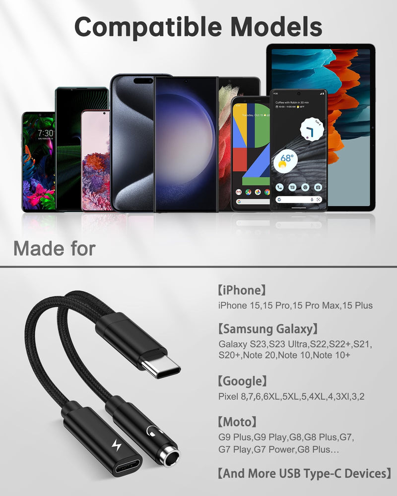 2Pack 2 in 1 USB C to 3.5mm Aux Adapter, Android Dongle C to C Fast Charging for Samsung Galaxy, Apple iPhone 15 Headphone Jack Adapter, 60W PD Aux Audio Cord Adoptor, Aux Male to Female Converter