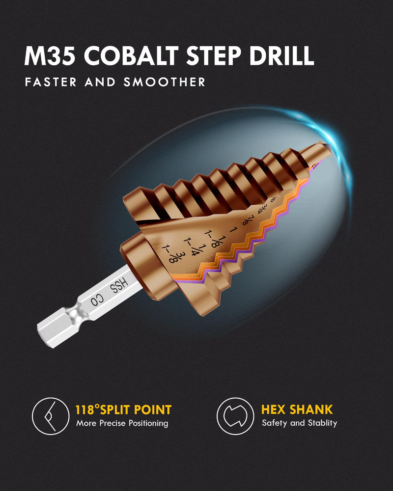 M35 Cobalt Step Drill Bit Set with Automatic Center Punch, 1/8" to 1-3/8", 6 PCS Step Drill Bit for Stainless Steel, Metal, Aluminum, Copper, Wood, PVC 1/8"-1-3/8"(M35)(6Pcs)