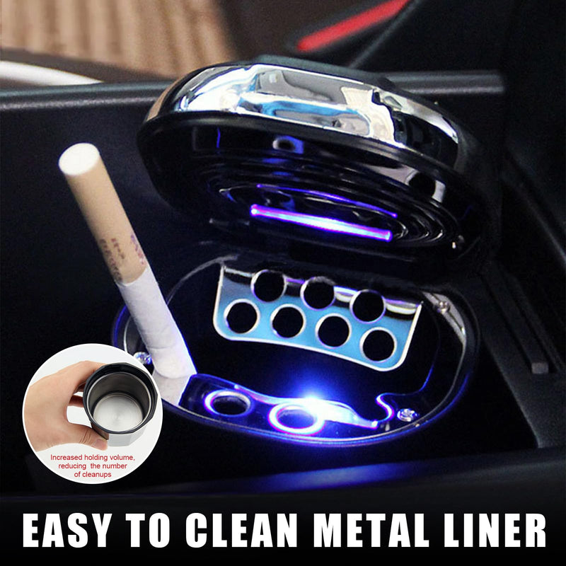 Car Ashtray with Lid, Detachable USB Rechargeable Auto Cigarette Lighter with Blue LED Light, Portable Smell Proof Stainless Car Ash Tray, Mini Automotive Trash Can (Silver) Silver