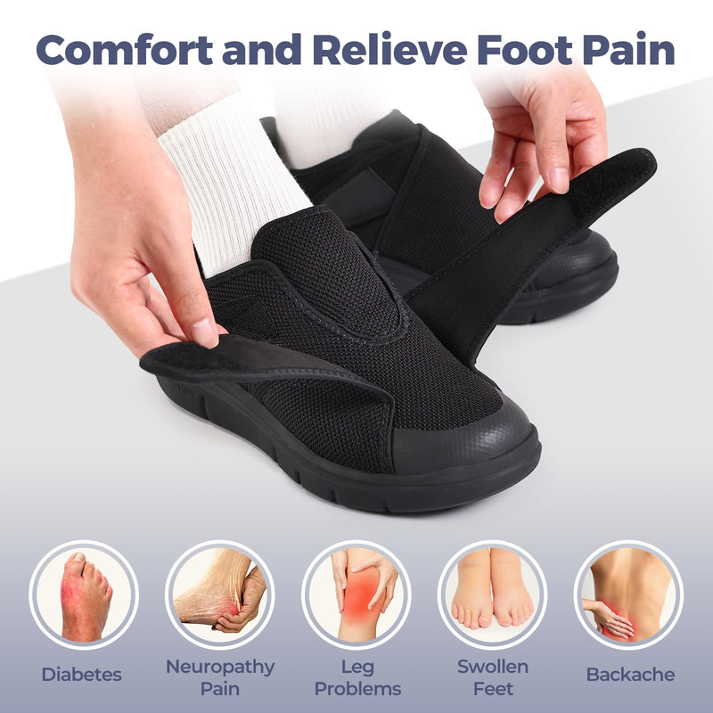 FitVille Men's Diabetic Shoes Extra Wide – Adjustable Closure Walking Shoes for Swollen Feet, Neuropathy & All-Day Standing Comfort – EasyTop V5 12.5 Wide Jet Black