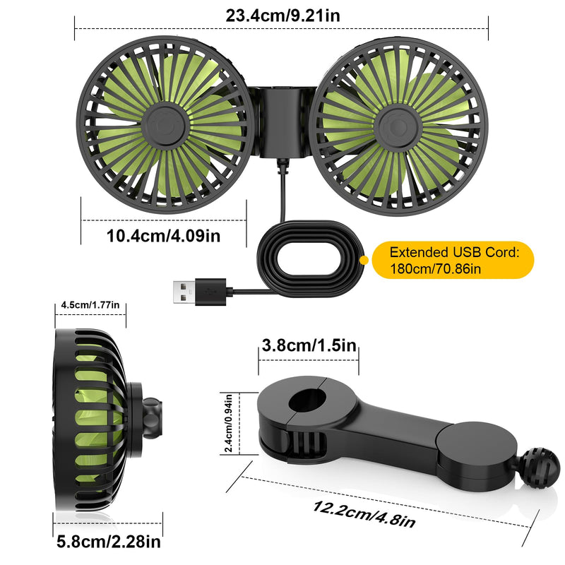 USB Car Cooling Fans for Backseat: Dual Head Car Fan for Kids 3 Speeds 360° Rotatable Vehicle Rear Headrest Fans 5V Powerful Electric Air Circulation Fan for Sedan SUV RV Truck