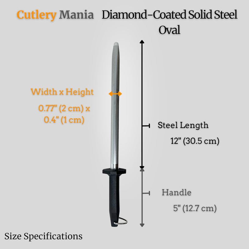 Cutlery Mania 12-Inch Diamond Solid Steel Sharpening Rod | For Professional, Kitchen, Home and Hunting Use (Oval) Oval