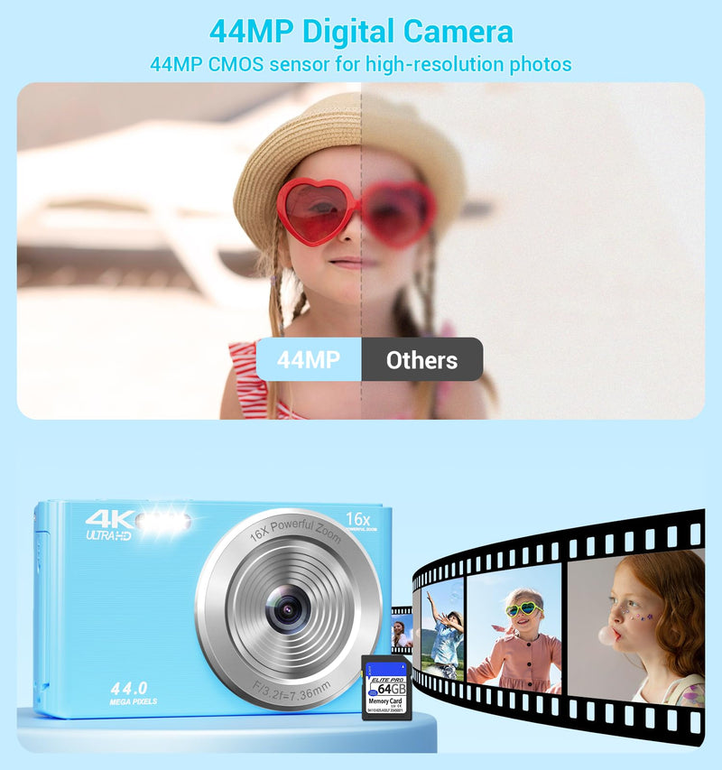 Digital Camera, FHD 4K 44MP Compact Cameras with 64GB SD Card 2 Batteries, 16X Autofocus Digital Zoom Point and Shoot Camera for Teens Kids Boys Girls