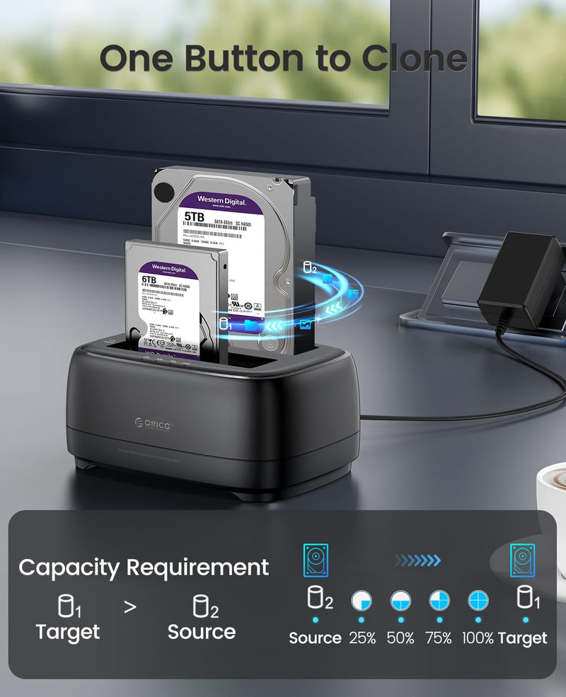 ORICO Hard Drive Docking Station Dual Bay USB 3.0 to SATA with Duplicator/Offline Clone Function External Hard Drive Dock for 2.5''/3.5'' HDD SSD Max Up to 44TB Support UASP Plug&Play-DD-C DD28U3-C