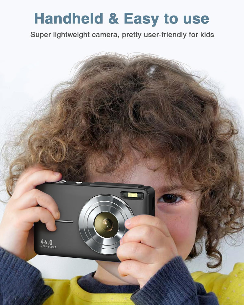 Lecran Digital Camera, FHD 1080P Kids Camera with 32GB Card, 2 Batteries, Lanyard, 16X Zoom Anti Shake, 44MP Compact Portable Small Point Shoot Camera for Kids Children Teens Girl Boy(Charcoal)