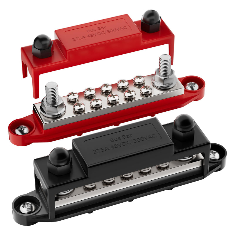 Bus Bar 12V 275A Power Distribution Block 2 x 3/8" (M10) Terminal Studs and 10 x #10 Screws Terminals Positive and Ground Battery BusBar 2 x 3/8" Studs and 10 x #10 Screws