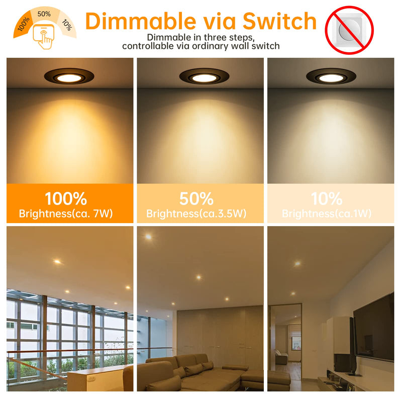 wowatt 5 LED recessed spotlights 230V black 3 levels dimmable 7W IP44 bathroom recessed lights flat ceiling spots 700LM warm white 2800K Replaces 70W halogen spots swiveling round 68mm recessed spots for bathroom warm white - black