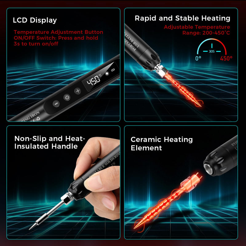 USB Soldering Iron Set with LCD, Battery Soldering Iron, Ceramic Heating Core, Adjustable Temperature 200-450°C, 3 Soldering Tips, Mini Soldering Station, Suitable for Small Repair such as Circuit Boards and Jewelery Wireless Black
