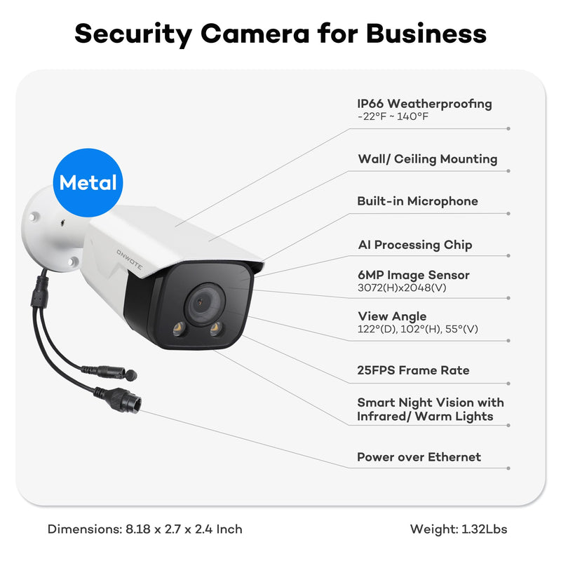 ONWOTE 6MP PoE IP Camera, Smart AI Human Vehicle Detection Activate Bright Spotlights, 122° Wide Viewing Angle, Indoor/Outdoor, Commercial Wired Camera for Business, Add-on to PoE NVR System