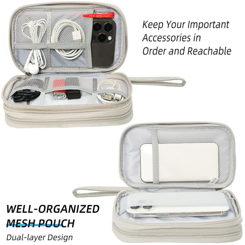 Travel Organizer Pouch Electronic Accessories Carry Case Portable Waterproof Double Layers Storage Bag for Cable, Cord, Charger, Phone, Power Bank, Earphone, Hard Drive (Light Grey, Large) Light Grey