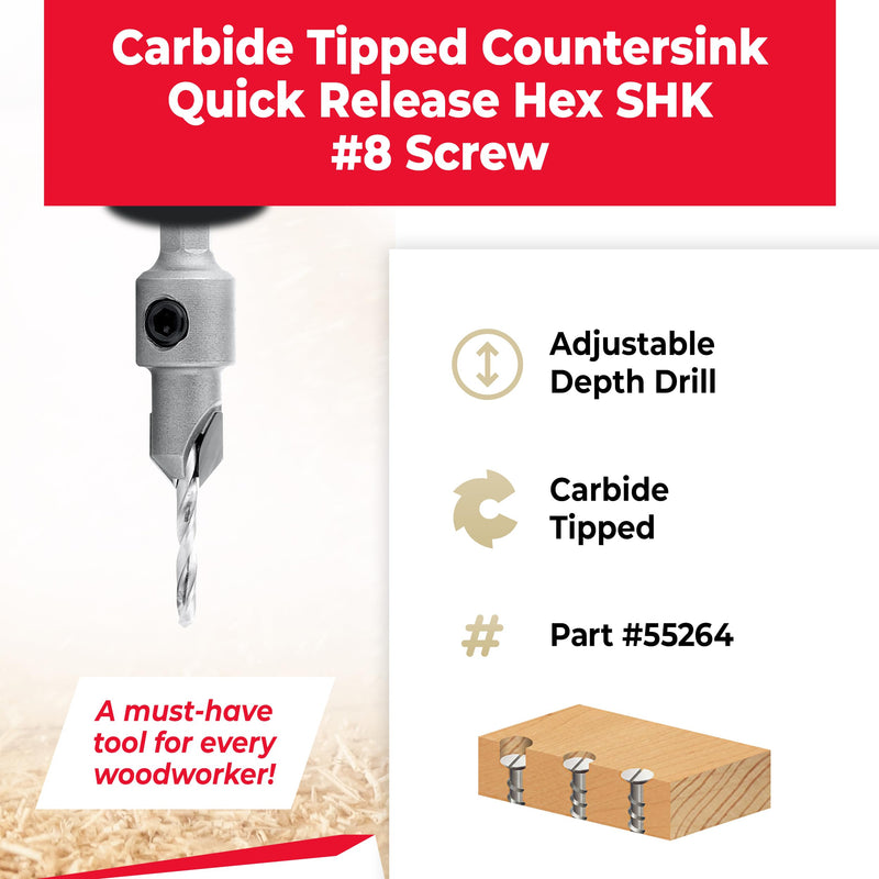 Amana Tool Carbide Tipped 82 Degree Countersink Drill Bit, 55264, 3/8 D x 49 Deg x 1/4 Quick Release Hex Shank for Wood Screw 8