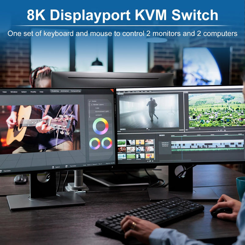 Displayport KVM Switch 2 Monitors 2 Computers with Audio Jack - 8k@60HZ 4K@144Hz Dual Monitor Kvm Switch with 3 USB 3.0 Port Sharing Keyboard Mouse, Included Wired Remote 2 Cables Displayport Switch