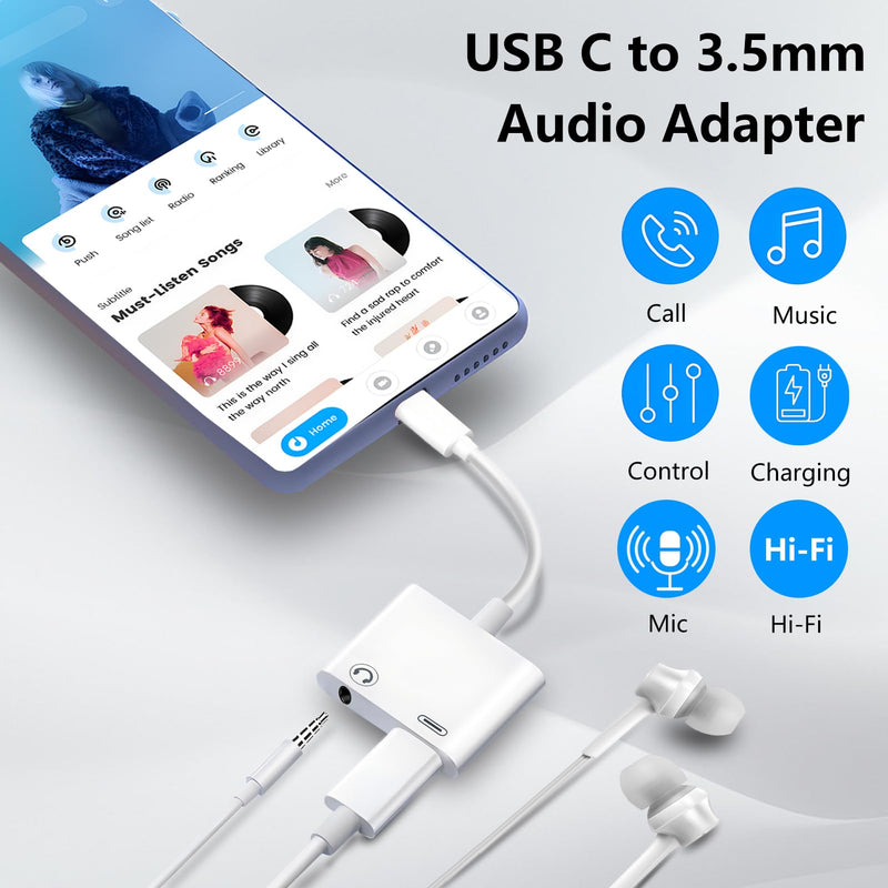 USB C to 3.5mm Headphone and Charger Adapter 2-Pack, 2-in-1 USB C to Aux Jack Dongle Cable Cord with PD Fast Charging for iPhone 15 Pro Max Plus, Samsung Galaxy S22 S23 S24 Ultra, Note 20 White