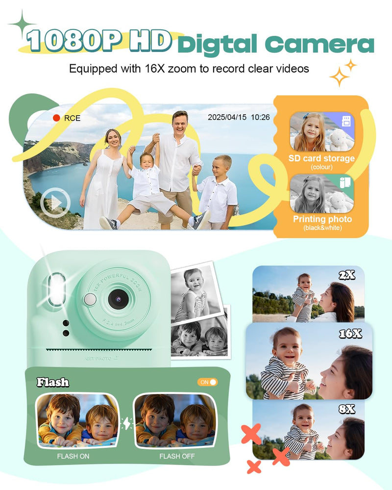 Seckton Kids Camera Instant Print, Upgrade Selfie Digital Camera for Kids, Christmas Birthday Gifts for Boys Girls Age 3-12, Toddler Portable Travel Toy with HD 1080P Video-Green Green