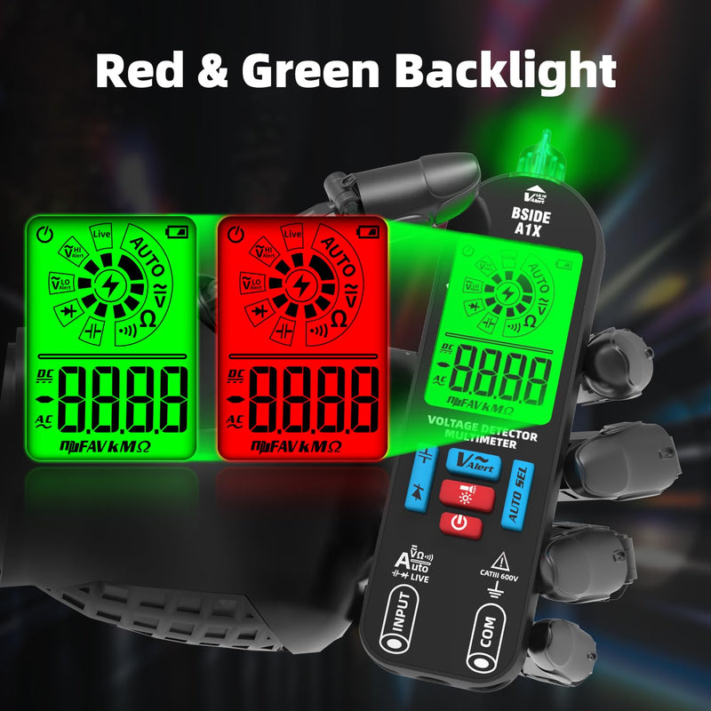 BSIDE Digital Multimeter Tester Rechargeable Electrical Voltmeter, Smart Mode with Red & Green Backlight, Measures Capacitance Diode Ohm Continuity V-Alert DC AC Voltage with Carrying Case A1X with Bag