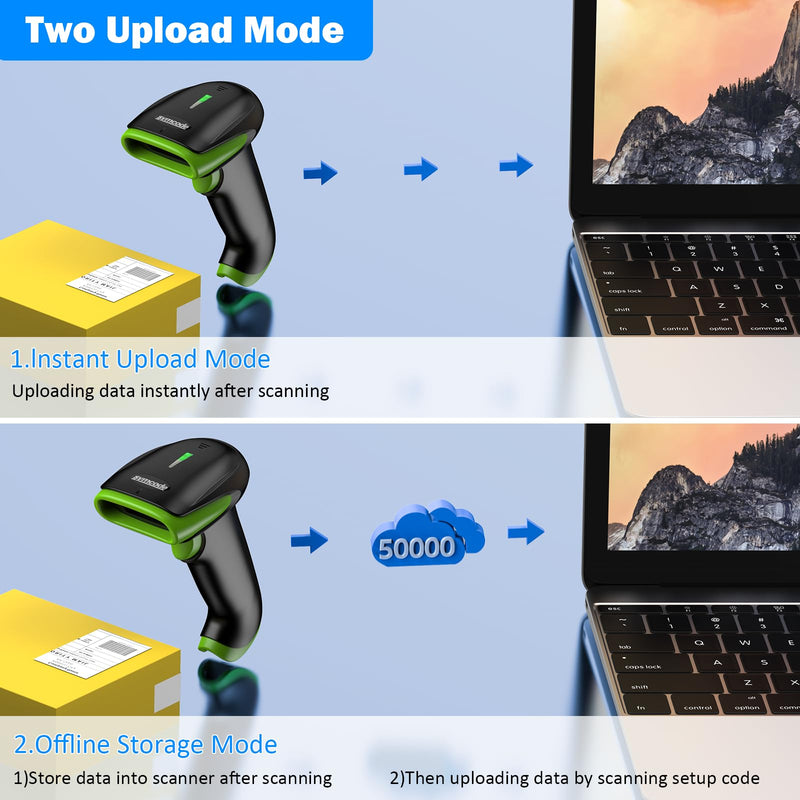 Symcode Wireless Bluetooth Barcode Scanner,Bluetooth & USB Wired & 2.4G Wireless Connection Ergonomics Handheld Barcode Scanner Reader, 2D 1D QR Code Automatic Fast Precise scanning Scanner Green