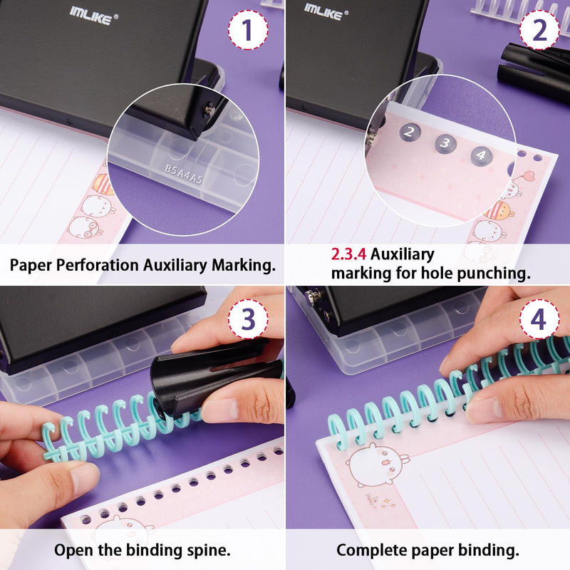 IMLIKE 10-Hole Binding Machine for Planners - Metal Manual Binding System with 10 Multi-Color 30-Hole Loose Leaf Binding Spines - Punches 26 Holes on B5, 30 Holes on A4, 20 Holes on A5 Paper - Black