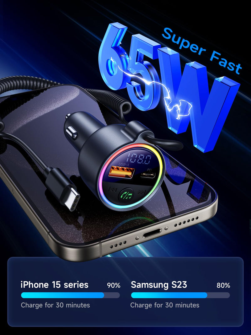 77W Bluetooth 5.4 FM Transmitter Car Adapter [PD3.0 65W+12W Fast Charging] Bluetooth Car Adapter [Deep Bass&Lossless Call Sound] Radio Bluetooth Transmitter for Car HiFi Mic & Colors LED Display