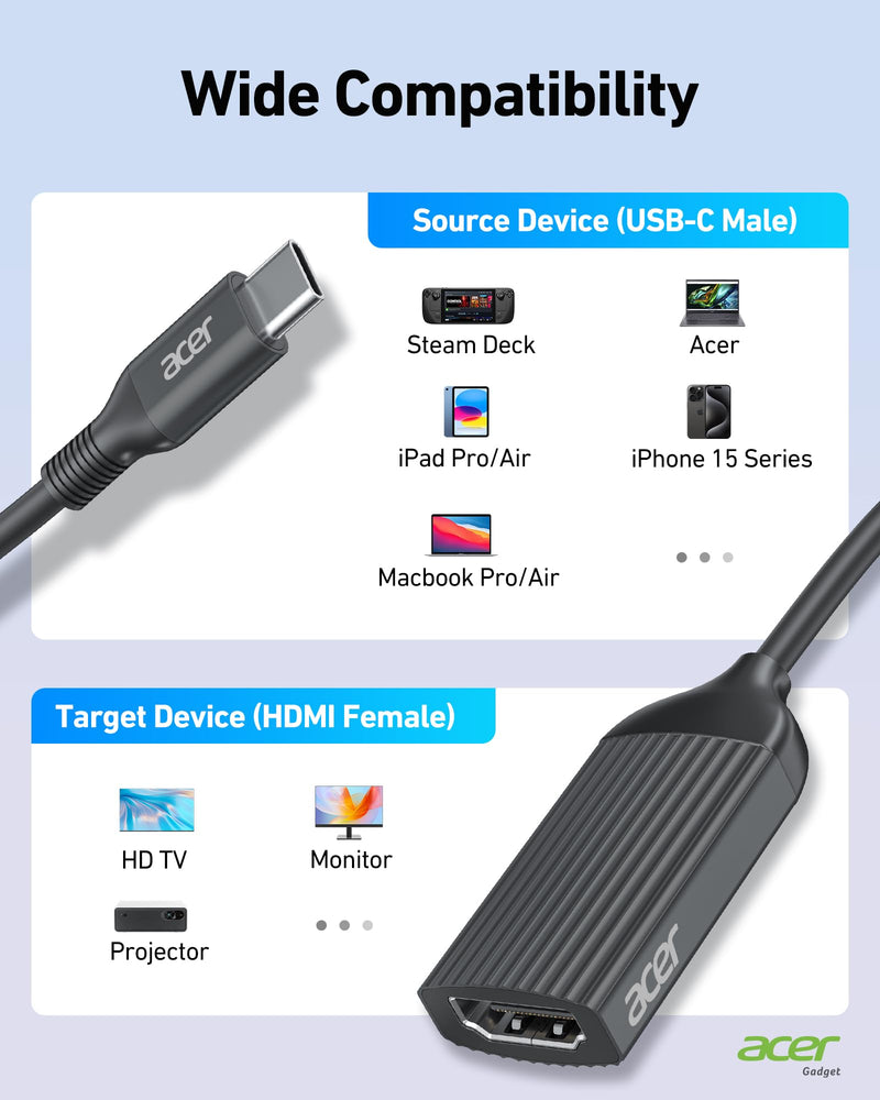acer USB-C to HDMI Adapter 4K@60Hz, Thunderbolt 3/4 to HDMI Adapter, Type C HDMI Converter, Compatible with MacBook Pro/Air, iPhone 16 15 Pro/Max, iPad Pro/Air, Surface, Dell XPS, Chromebook, Black 1