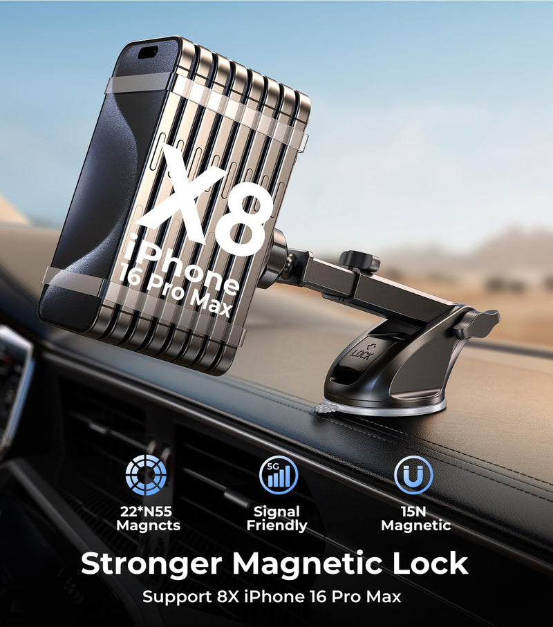 【Qi2 Certified・90LBS Vacuum Magnetic Suction】 15W Fast Wireless Car Charger Mount for Magsafe, 360° Adjustable Arm, Dashboard/Windshield/Vent Phone Holder+Cable Organaizer for iPhone 17/16/15 Pro Max C-DashVentWindshield+Qi2Charger