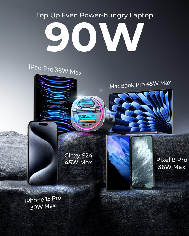 【Upgrade】90W USB C Car Charger Super Fast Charging, [PD45W & QC45W] Cigarette Lighter Car Charger Adapter [Flush Fit][All Metal][Not Distracted LED],for iPhone 15 14 Pro Max Plus iPad Samsung S24 S23