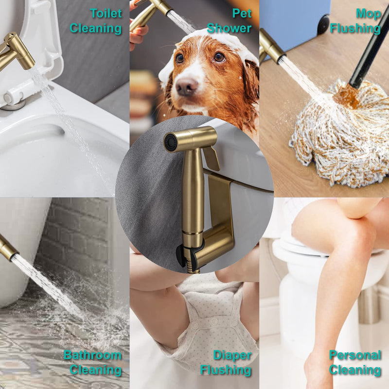 BARROCK Handheld Bidet Sprayer for Toilet, Stainless Steel Metal Made Baby Cloth Diaper Spraying Kit, Bathroom Toilet Bidet Attachment Set for Bathing Pets and Feminine Hygiene, Brushed Brass Gold Brushed Gold 1