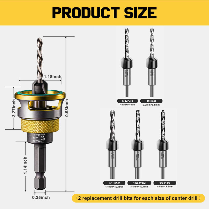 Countersink Drill Bit Set for Wood,17 PCS Counter Sink Drill Bit with 15PCS HSS Tapered Drill Bits and 1/4" Hex Shank Quick Change for Woodworking with Storage Box 17 pcs Yellow