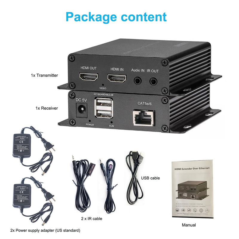 HDMI Over Cat5e Ethernet Converters with KVM 3.5mm Audio IR,HDMI Over RJ45 Extenders Up to 656FT(200m) by Network Cable Cat5e Cat6 Cat7, Full HD 1080P -A Pair HDMI over Ethernet(with KVM+3.5mm Audio+IR)