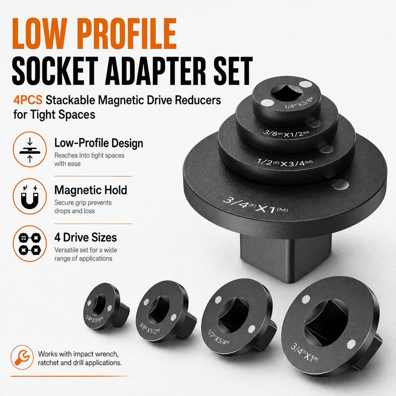 Flat Profile Socket Adapter Set, 3/4"-1", 1/2"-3/4", 3/8"-1/2", 1/4"-3/8" | 4-piece low-profile impact socket wrench adapter, magnetic impact adapter reduction set for ratchets and impact wrenches