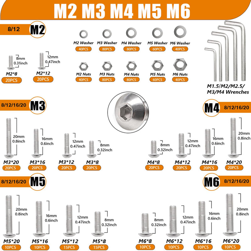 Taiss 910PCS Metric Screw Assortment M2 M3 M4 M5 M6,304 Stainless Steel Button Head Socket Cap Metric Screws Bolts Nuts and Washers Assortment Kit with Hex Wrenches 910PCS M2 M3 M4 M5 M6 Hex Button Head Screws