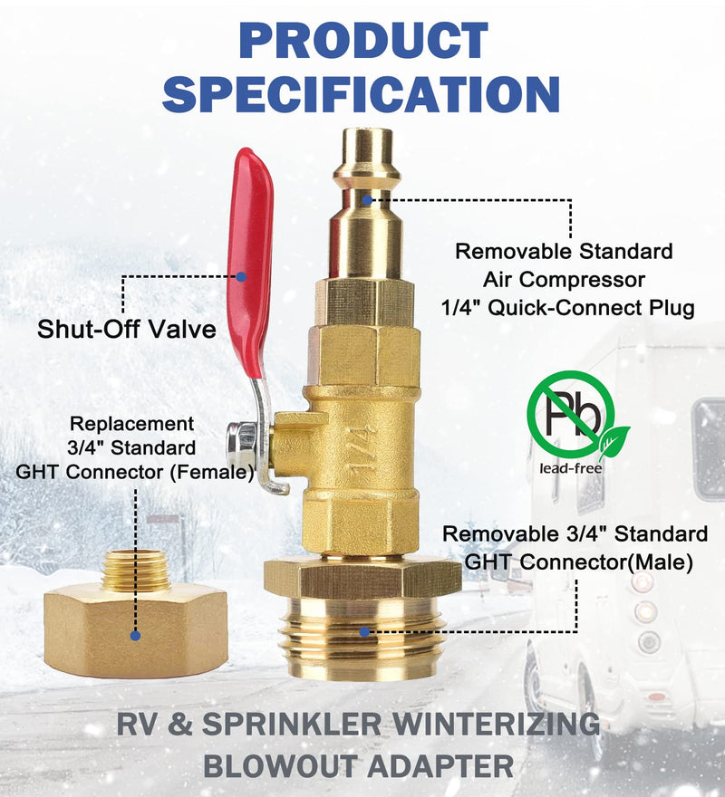 RV Winterizing Kit, RV Blowout Adapter with Shut Off Valve, Sprinkler Blowout Adapter with Quick-Connect Plug to 3/4" Garden Hose, Camper Winterize Blowout Plug for Winterizing RV, Camper, Boat 1 pack, with 1 fitting