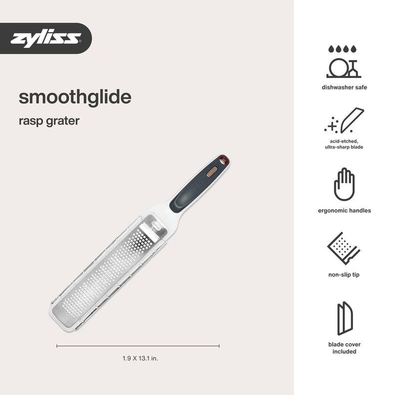 Zyliss SmoothGlide Rasp Grater – Fine Handheld Grater & Citrus Zester with Razor Sharp Stainless Steel Blade & Ergonomic Handle - Protective Cover with Measurements & Scraper - Handy Kitchen Essential