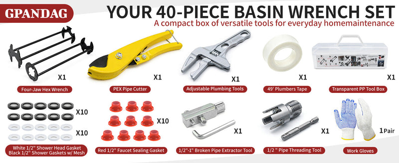 GPANDAG 40PCS Plumbing Tool and Faucet Wrench Set, Universal Sink Wrench 40